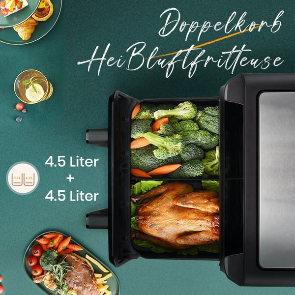 Luftfryer, Dobbelt Kurv, Berøringskontrol Interface,EU, 2200W 9L