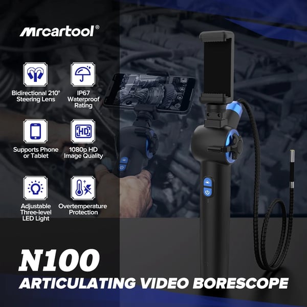 Automotive Borescope, 210° Styrelinse, 1080P HD Kamera, IP67 Vandtæt Rating, Justerbar LED Belysning, Kompatibel med Mobile Enheder