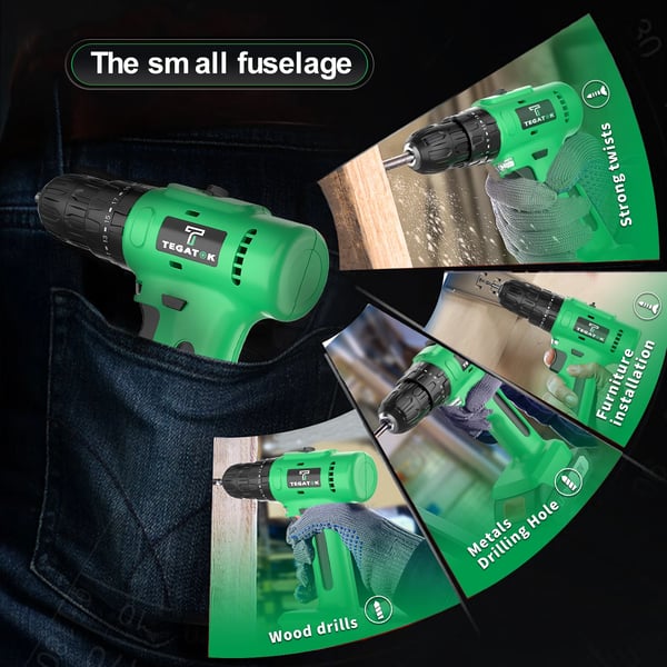 Batteridrevet Boremaskine, 20V Strøm, Nøglefri Chuck,To Batteri