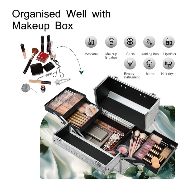 Makeup Case, Låselig Opbevaring, Multifunktionel Organizer,Udsmykket sølv