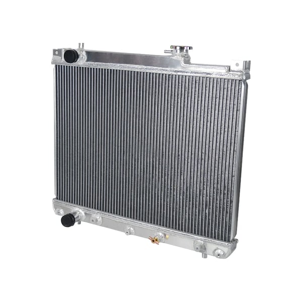 Radiator, legering aluminium, kerne størrelse 425mm × 599mm × 26mm, samlet størrelse 564mm × 618mm × 110mm, indløbsdiameter 34mm, udløbsdiameter 34mm