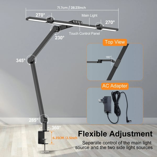 Skrivebordslampe, Justerbare Arme, Dæmpbar LED-belysning,24w, sort