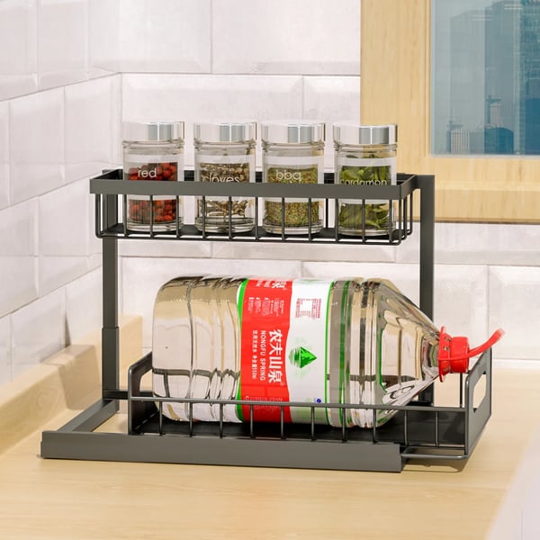 Under Sink Organizer, L-formet Design, Skydedrager Adgang,2-lags, sort