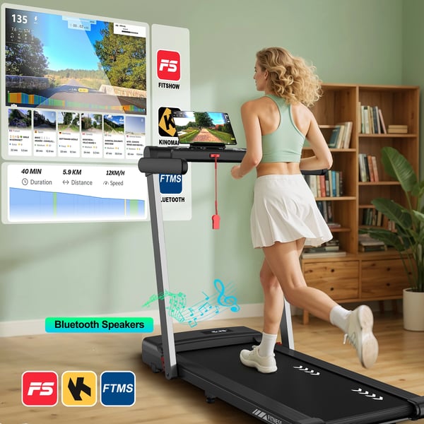 Løbebånd, Foldbart Design, Hastighedsområde 1-12 km/t, Løbeplade 1280×565 mm, Løbebåndslængde 1065 mm, Justerbar Stigning, Bluetooth-forbindelse