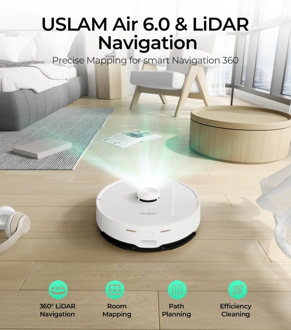 Robotstøvsuger, 4000Pa sugeevne, 4L støvposekapacitet, Li-ion batteri 3200mAh, dimensioner 400x400x350mm, USLAM Air 6.0 & LiDAR navigation