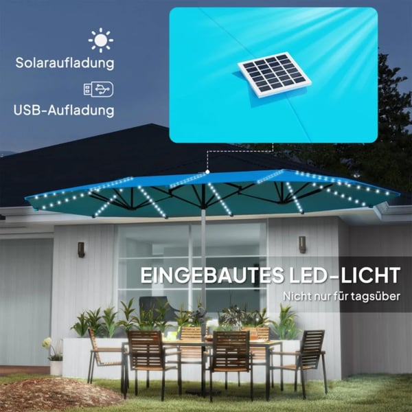 Dobbelt Parasol, 200 g/m² Polyester, 451 x 267 cm, UPF 50+, Kranksystem, Ventilationsåbninger