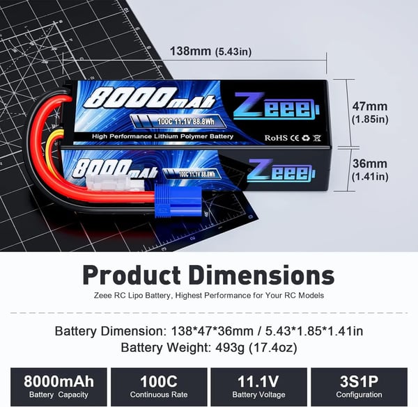 Zeee Lipo-batteri, 8000mAh kapacitet, 100C afladningsrate,3S 100C 8000 EC5