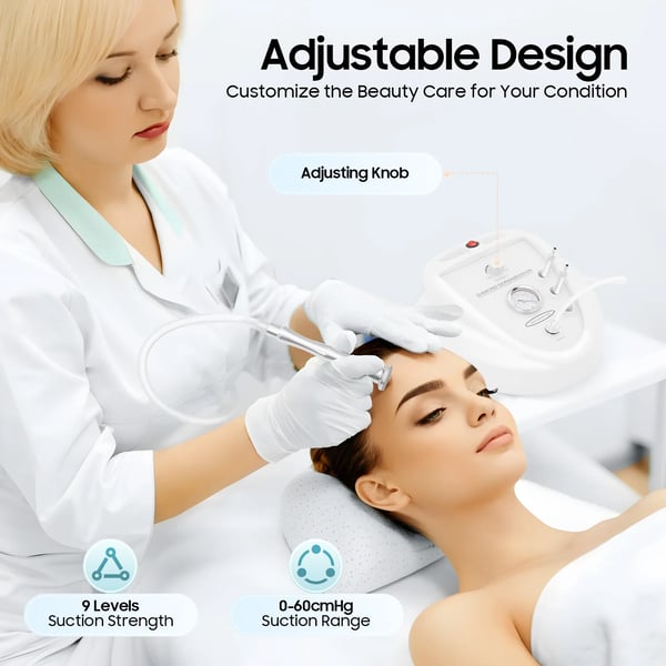 Diamant Dermabrasion Maskine, 9 Suge Niveauer, 50W Effekt, 0-60 cmHg Sugeområde, 30 x 30 x 15 cm Dimensioner, Holdbart ABS og Rustfrit Stål