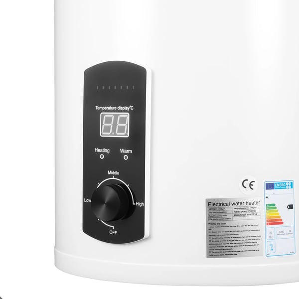 Elektrisk Vandvarmer, 50L Kapacitet, 2000W Effekt, Vertikal Design, Temperaturinterval 25-75°C, Rustfrit Stål og Emaljemateriale