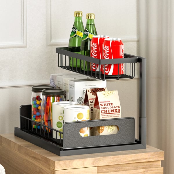 Under Sink Organizer, L-formet Design, Skydedrager Adgang,2-lags, sort