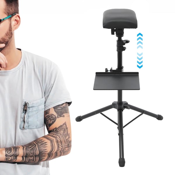 Ammattimainen tatuointijalusta, säädettävä korkeus 80-107 cm, kestävä rautarakenne, musta