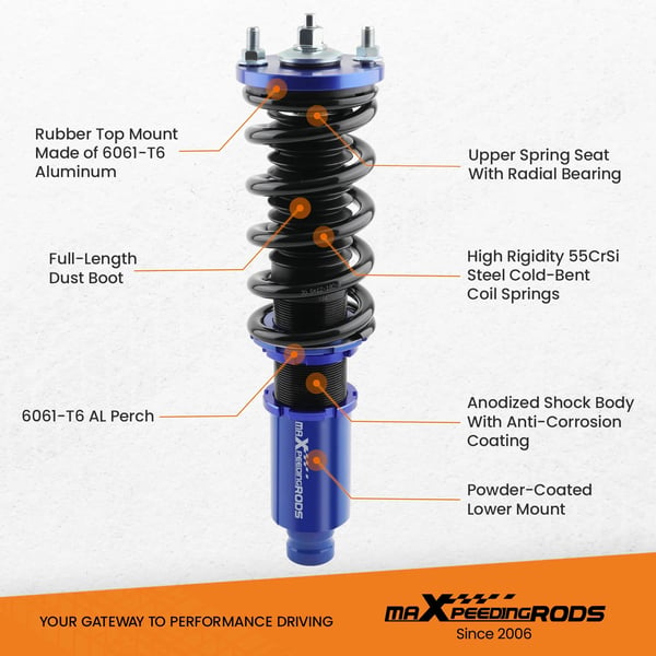 Coilover affjedringskit, vare længde 63 cm, vare bredde 43 cm, vare højde 34 cm, forårsrate 8 kg/mm, bagforårsrate 5 kg/mm