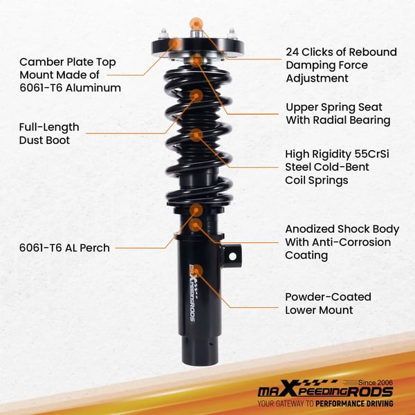 Coilovers, 24 niveauer justerbar dæmper, højdejusterbar 25-75 mm, varelængde 63 cm, varebredde 52 cm, varevægt 28 kg