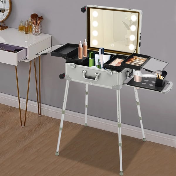 Makeup Case, 21 Tommer, 8 LED Lyskilde, Justerbar Højde 39-85 cm, Aftagelig Universel Hjul, Håndholdt og Håndtrukket Bæring