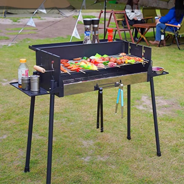 BBQ Grill, Justerbar Temperatur, Vindafvisende, Foldbar Opbevaringshylde,Sort