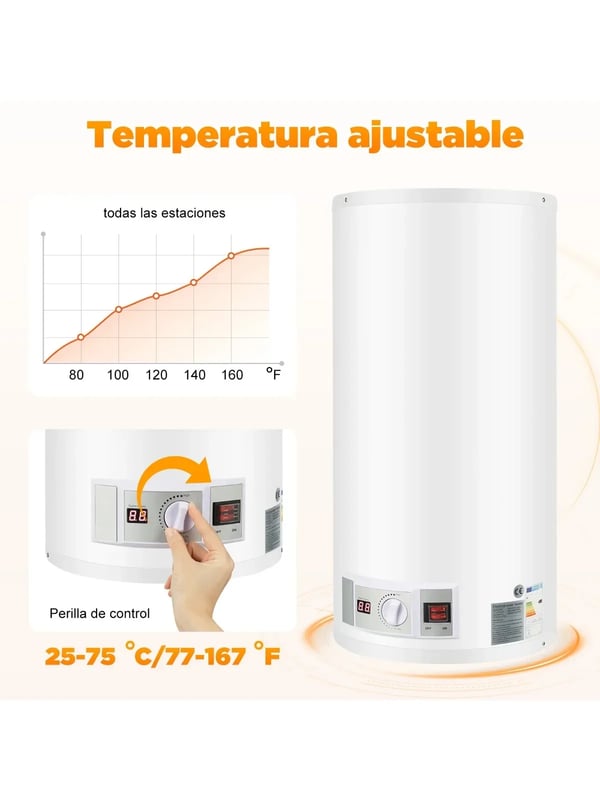 Elektrisk Vandvarmer, 50L Kapacitet, 2000 Watt Effekt, Temperaturinterval 25-75 ℃, Egnet til Flere Anvendelser, Holdbar Rustfrit Stål Konstruktion