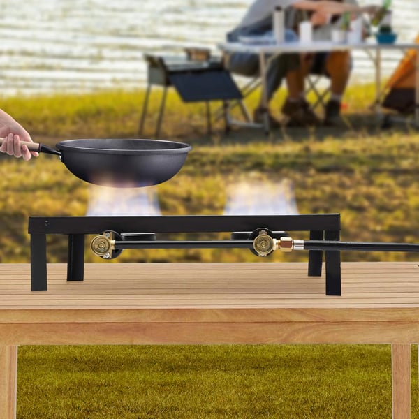 Camping Gaskök, Dubbelbrännare, Justerbar Tryckregulator,Svart