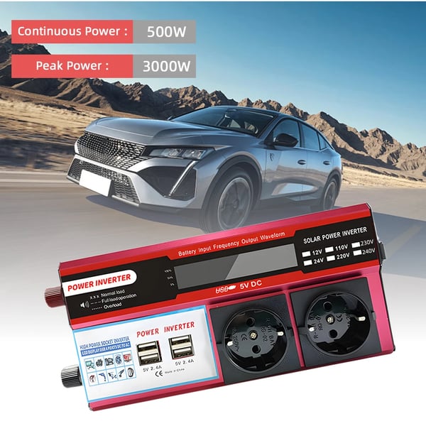 Strømomformer, 500W effekt, DC 12V indgang, AC 220V udgang, 2 universelle stik, 4 USB-porte