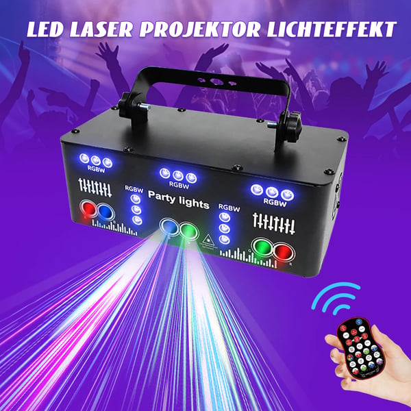 Scene lys, 10W effekt, LED + laser + UV, fjernbetjening 5m rækkevidde, IP42 beskyttelse, koncertbelysning