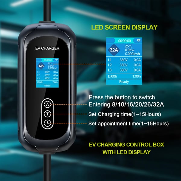 Bärbar EV-laddare, 22KW Typ 2, Smart App-kontroll,svart, TYPE2