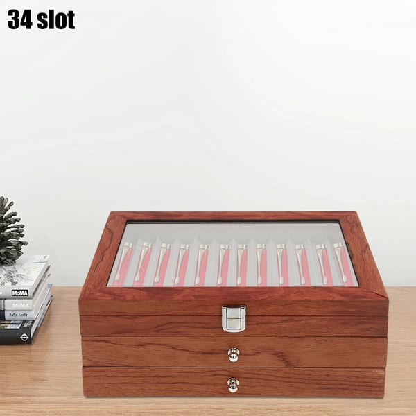 Pennburk, 34 fack, elegant displaydesign, Brun