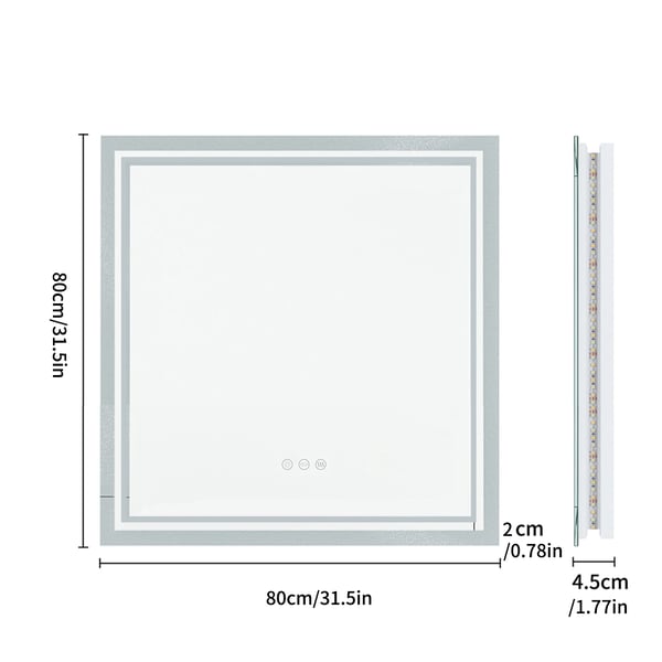 LED Badeværelsesspejl, Firkantet Form, 800 x 800 mm, Effekt 24W, Farvetemperatur 3500K-6500K, Vandtæt IP44