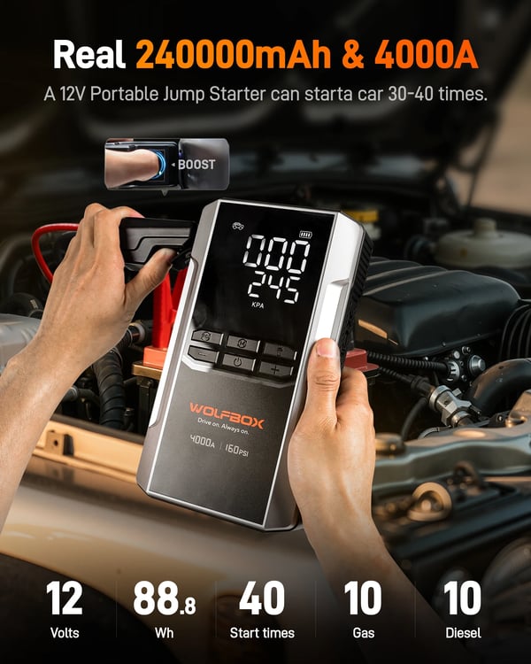 Jump Starter, 4000A spidseffekt, 24000mAh batteri,MEGAVOLT-24AIR