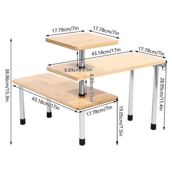 3-lags krydderihylde, højde 38,86 cm, øverste lag størrelse 17,78 cm x 17,78 cm, midterplade størrelse 43,18 cm x 17,78 cm, vægtkapacitet 12 kg, samling påkrævet
