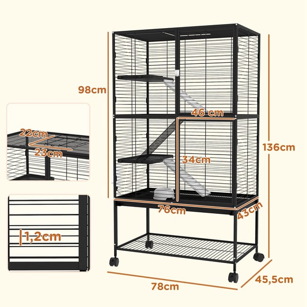 Rodentbur, 78 x 45,5 x 136 cm, 4 niveauer, aftagelig skuffe, ståltråds konstruktion, egnet til små dyr
