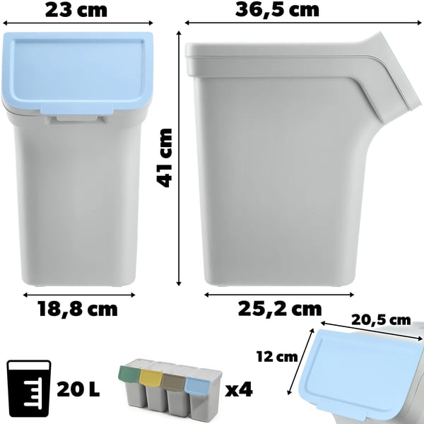 Affaldsbeholder, 20L kapacitet, høj kvalitet plast, stabelbart design, farvekodet sortering, holdbar konstruktion