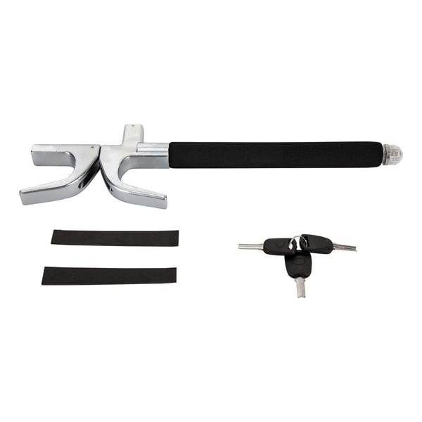 Ohjauspyörän lukko, rautaa ja vaahtomuovia, standardipituus 56 cm, pidennetty pituus 68 cm, maksimi vipupituus 31 cm, sisältää 3 avainta