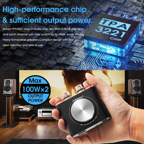 Kraftfull ljudförstärkare, 100W per kanal, Bluetooth-anslutning, AUX och optisk ingång, CE-certifierad, DC 9-24V