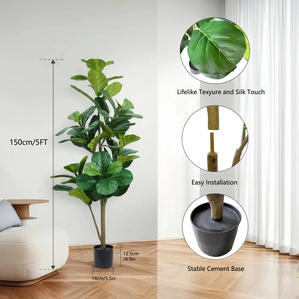 Fiddle Leaf Fig Träd, Elegant Heminredning, Låg Underhållsdesign,5FT-150 cm