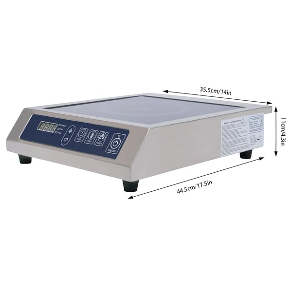 Induktionskogeplade, 3500W effekt, 220V spænding, 60-300℃ temperaturinterval, dimensioner 35,5x44,5x11 cm, anvendelig gryde diameter 12-30 cm