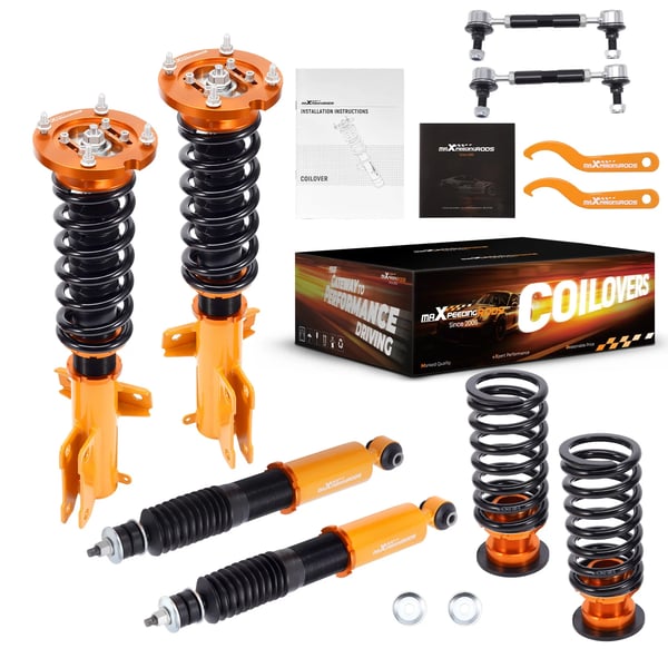 Coilover-jousituspaketti, säädettävä korkeus 505-665 mm edessä, säädettävä korkeus 500-585 mm takana, jousikovaus 8 kg/mm edessä