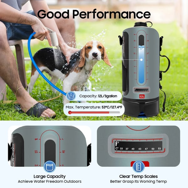 Campingdusch, 12L kapacitet, bärbart trycksystem,svart