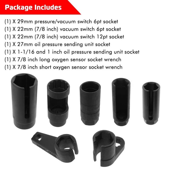 Oxygen Sensor Socket Sæt, 7 stk, 6-Punkts Design, 3/8 tommer Drive, 7/8” Kompatibilitet, 80mm Længde