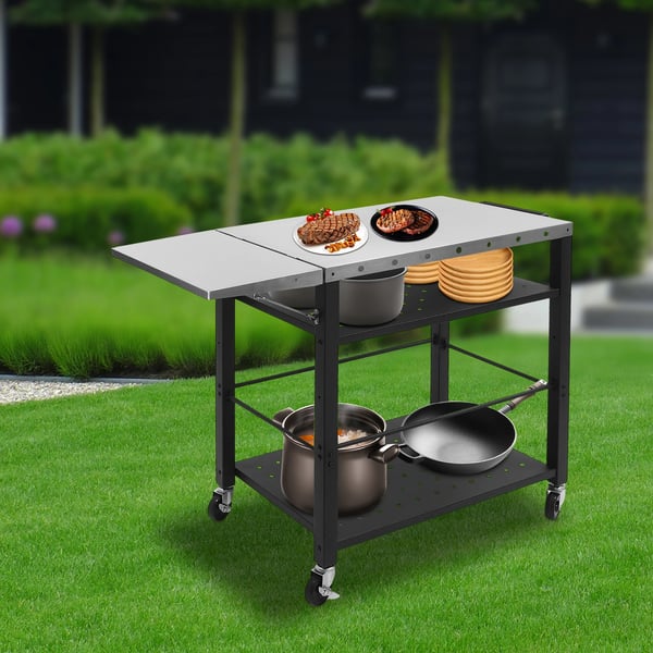 Grillvogn Bord, 4-Lags Design, Flytbar med Hjul,sort