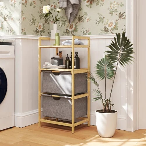 Vaskekurv, Dobbelt 17,7 L Kapacitet, Bambusramme, 44 cm Bredde, 34 cm Dybde, 96 cm Højde