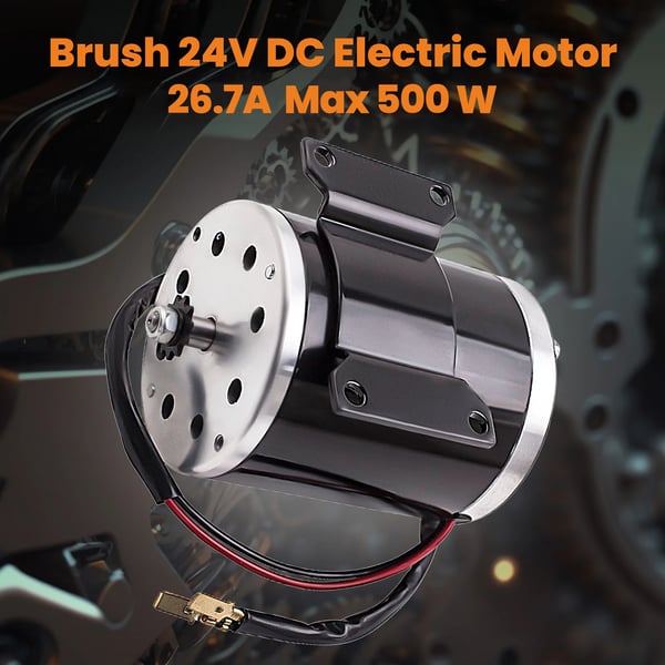 Elektrisk motor, 500W effekt, 24V spænding, tomgangshastighed 2800-3000 RPM, nethastighed 2500 RPM, dimensioner 22x16x15 cm