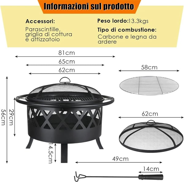 Eldskål, Ø81cm Storlek, Järnmaterial, Grillgaller Ø58cm, Poker 49cm, Säkert Gnistskydd