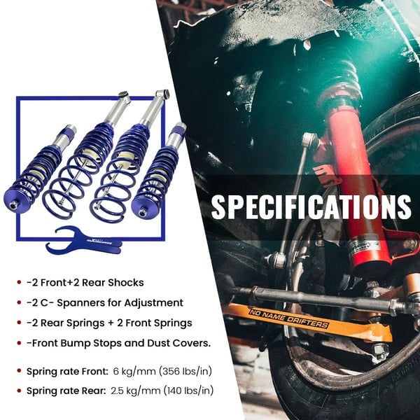 Coilover affjedringskit, Justerbar højde 35mm-75mm, Foran fjederhastighed 6 kg/mm, Bag fjederhastighed 2.5 kg/mm