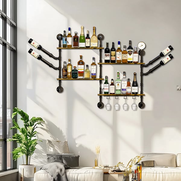 Vægvinreol, flydende hylder med glasholder, vintage industrielt design,M, Rustik Brun, 4-niveau