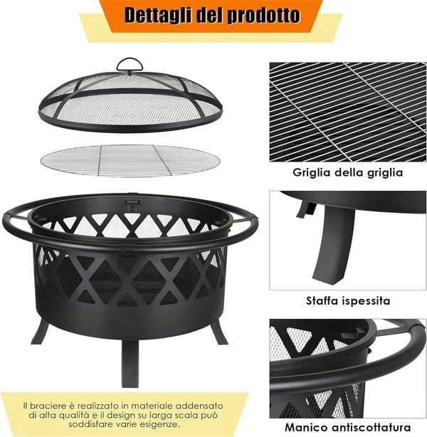 Eldskål, Ø81cm Storlek, Järnmaterial, Grillgaller Ø58cm, Poker 49cm, Säkert Gnistskydd