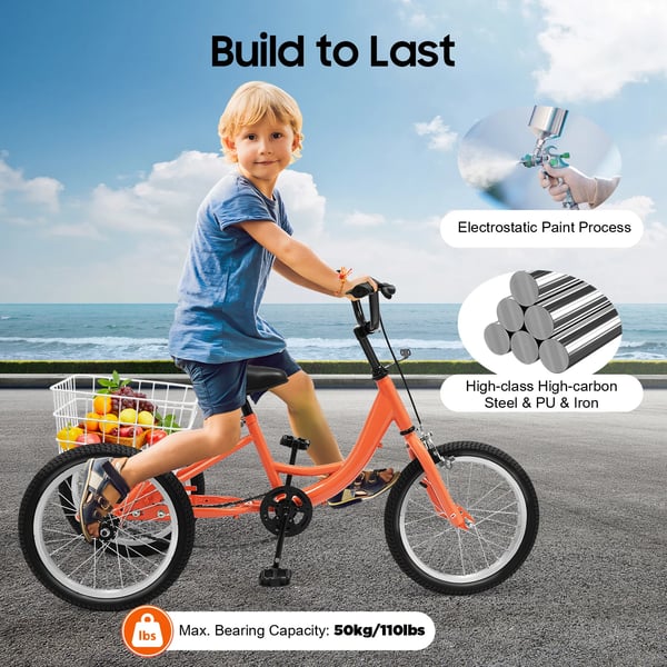Børnecykel, Lys Orange, Enkelt Gear Kæde med Bagkurv,Appelsin