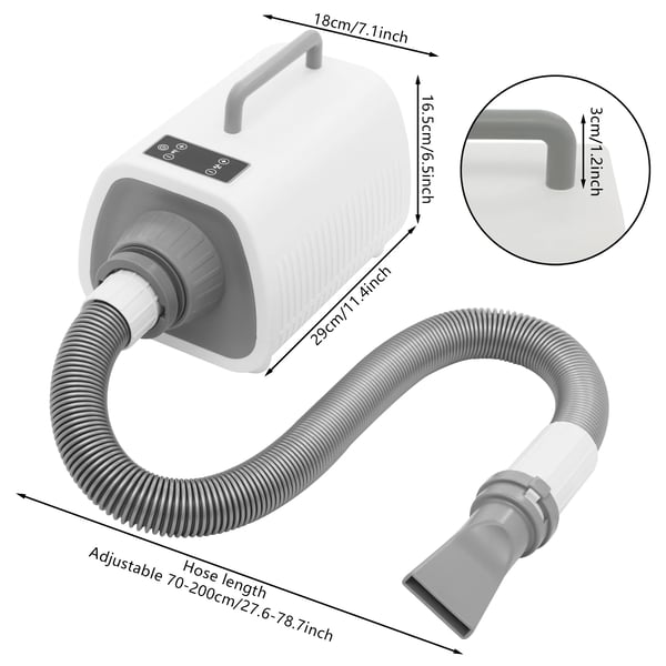 Hundehår Tørretumbler, 2100W Effekt, Temperaturindstillingsområde 25-60℃, Maksimal motorhastighed 120000rpm, Dimensioner 18*29*16.5cm