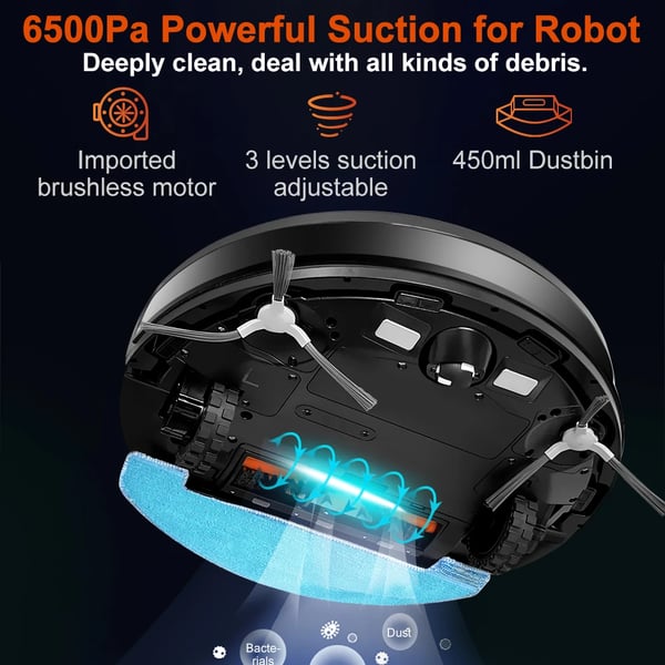 Robotstøvsuger, Sugeeffekt 6500 PA, Dimensioner 345 x 345 x 97 mm, Vægt 3 - 6 KG, Li-ion Batteritype, Lidar Navigation