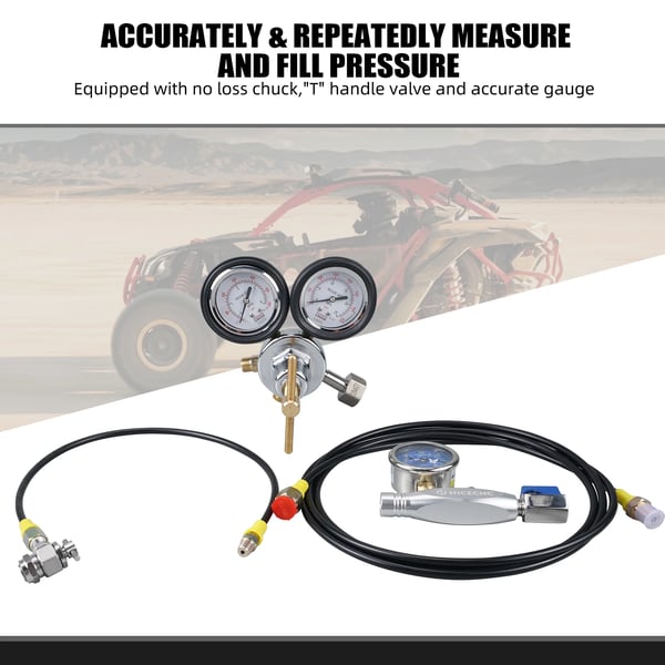 Nitrogen Shock Fill Tool, 8 fodslange, 0-580 psi udgangstryk, 0-600 psi måler, kompatibel med standard nitrogen tanke, holdbart aluminiums kabinet