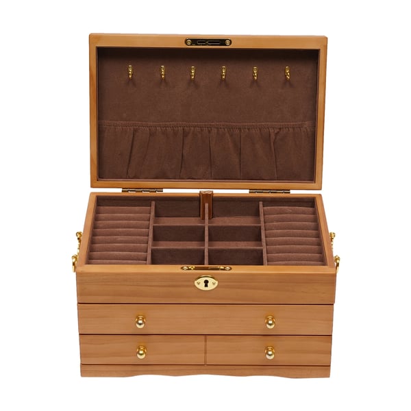 Smykkeskrin, Massivt Træ og MDF, 10,5 x 7,5 x 6 tommer, 3 Skuffer, Velourforet, Låsemekanisme