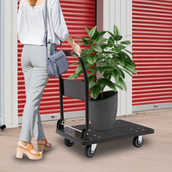 Platformvogn, Sort, 150 kg Kapacitet, Dimensioner 48 cm x 72 cm x 85 cm, Hjuldiameter 10 cm, 4 Hjul